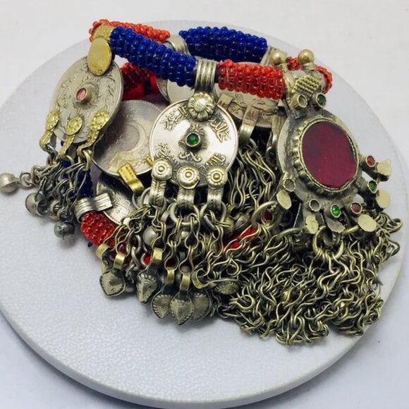 Vintage Dangling Coins and Long Silver Bells Necklace,Blue and Red Beaded - Picture 7 of 8